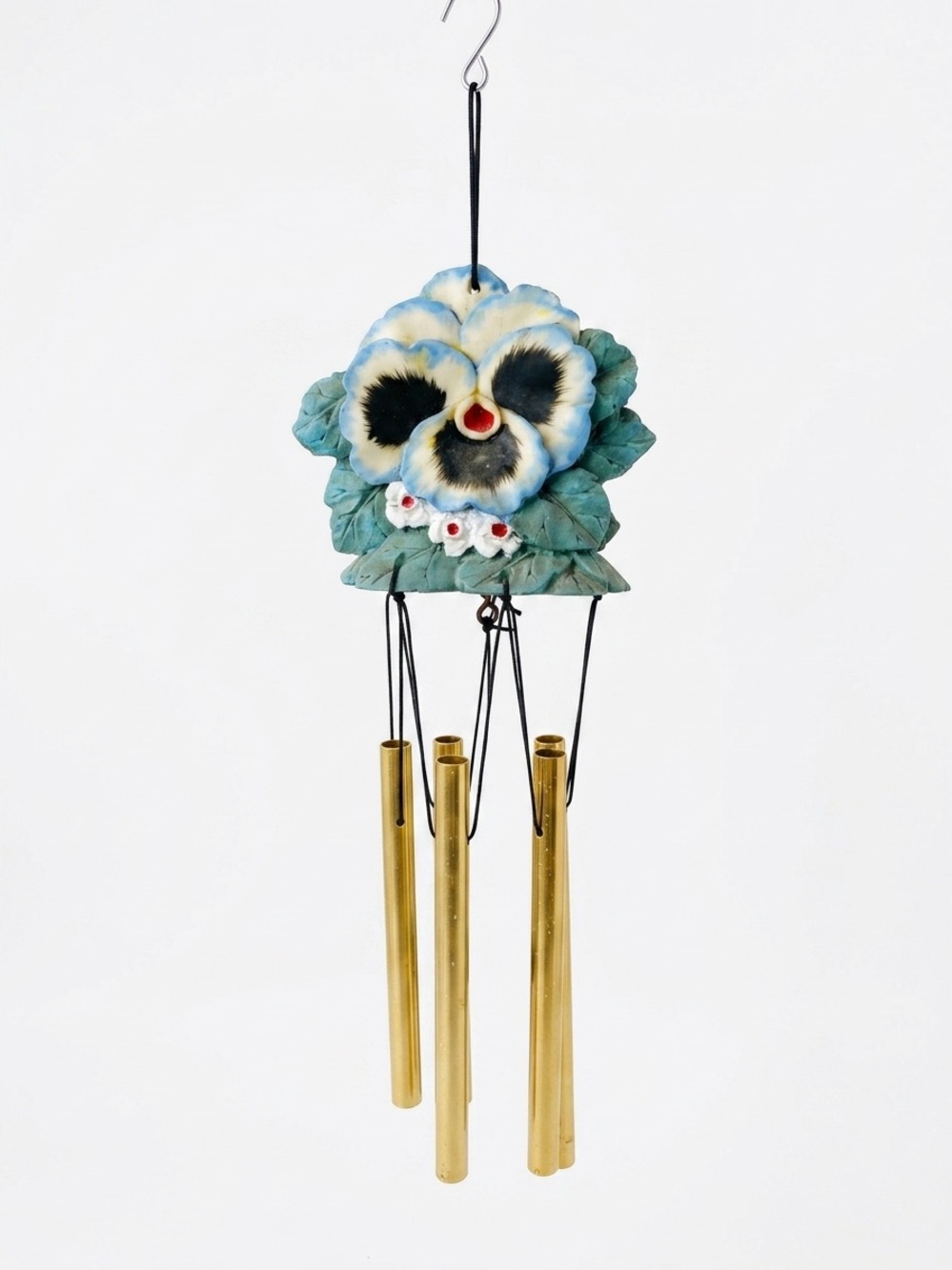 Vintage Pansy Flower Mini Wind Chime Blue Floral Brass Tubes Cottagecore